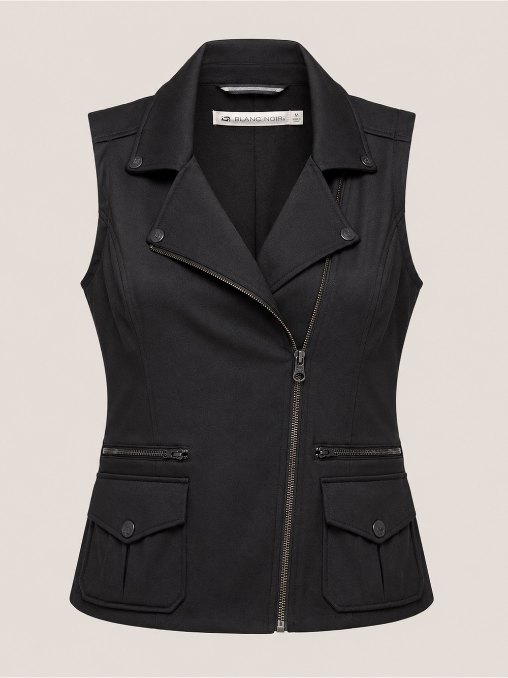 Blanc Noir Black Moto Zip Vest Medium Stretch Utility Style